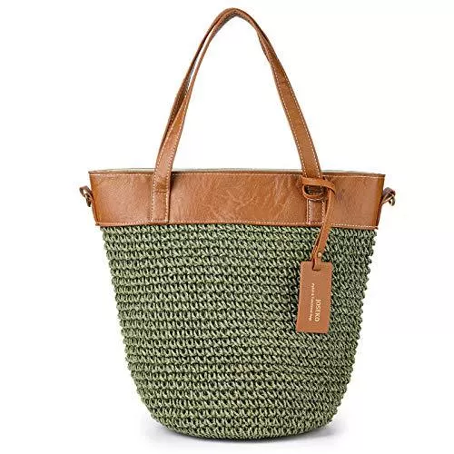 JOSEKO Taschen & Rucksäcke JOSEKO Stroh Strand Tasche, Schultertasche Damen Sommer Handtasche Frauen Weben Eimer Tasche Korbtasche Basttasche Outdoor Casual Crossbody Tasche für Reise Schule Arbeit Einkaufen