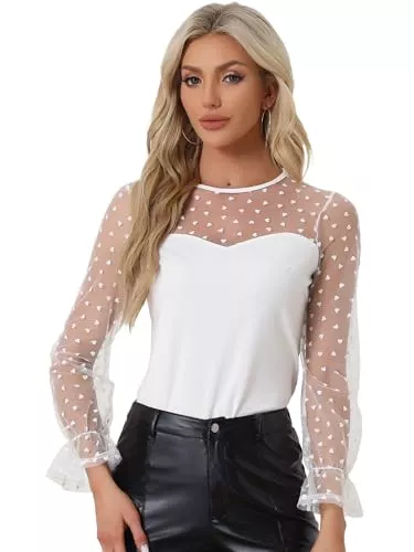 Allegra K Langarmblusen Allegra K Damen Spitze Mesh Glocke Langarm Rundhalsausschnitt Herz Punkte Print Top Bluse