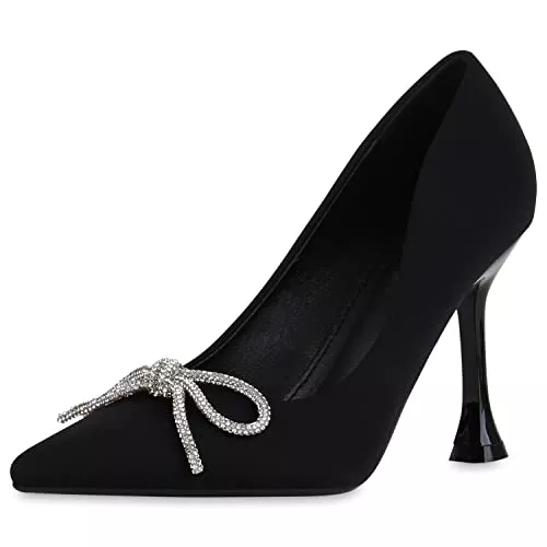 VAN HILL High Heels VAN HILL Damen Spitze Pumps mit Pfennigabsatz Strass Schleifen