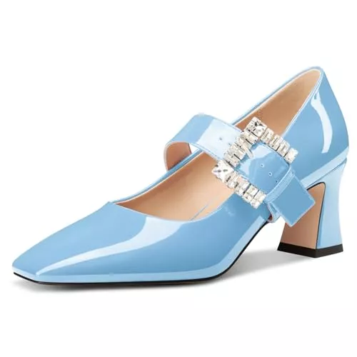 NobleOnly High Heels NobleOnly Mary Jane Schuhe Damen Chunky Blockabsatz Absatz Heel Knöchelriemen Dress Geschlossene Eckige Zehenkappe Pumps Diamant Schnalle 7 cm Heels
