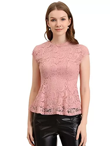 Allegra K Kurzarmblusen Allegra K Damen Ärmellos Rundhals Rüschen Durchsichtig Spitze Floral Peplum Top Bluse