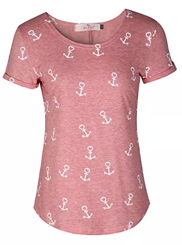 ELFIN T-Shirts ELFIN Damen T-Shirt Top mit Anker Druck Rundhals Kurzarm Ladies Sommer Shirt Anker Sailing Tee Allover Print - leicht und luftig - sehr angenehm zu Tragen
