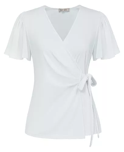 GRACE KARIN Kurzarmblusen GRACE KARIN Damen Wickelbluse Elegant V-Ausschnitt Tunika Fließende Chiffon Kurzarm Oberteile Basic Loose Fit Sommer Freizeit Top