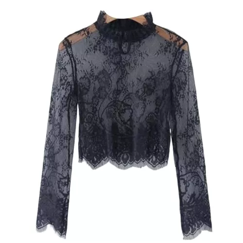 YEKEYI Langarmblusen YEKEYI Damen-Bluse aus Netzstoff, langärmelig, durchsichtig, Blumenmuster, Spitzenbluse