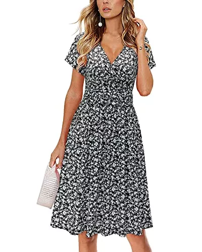 OUGES Freizeit OUGES Kleid Damen Kurzarm/Langarm Winterkleid V-Ausschnitt Casual Midi Freizeitkleid mit Taschen