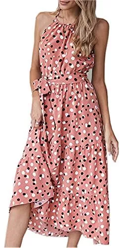 ZIYYOOHY Freizeit ZIYYOOHY Damen Casual Sommerkleid Punkt Kleid Ärmelloses Sexy Rundhals Spaghetti-Trägerkleid Strandkleider Maxikleider Böhmisch Kleid mit Gürtel