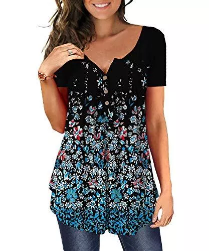 DEMO Kurzarmblusen DEMO Tunika Damen Blumen Tops V Ausschnitt Kurzarm Knopfleiste Plissiert Bluse T Shirt Oberteil