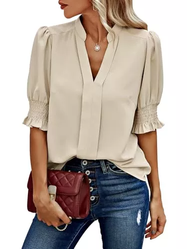 Theenkoln Kurzarmblusen Theenkoln Bluse Damen Elegant V-Ausschnitt Oberteile Kurzarm Tunika Casual Shirt Tops