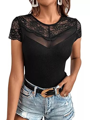 GORGLITTER Ärmellose Blusen GORGLITTER Damen Spitzen Top Oberteil Mit Mesh Shirt Mit Spitze Schwarz Sexy Tshirt Mit Ausschnitt Rippenstrick Top