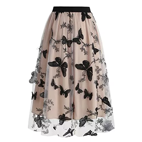 FYMNSI Röcke FYMNSI Damen Tüllrock Blumen Schmetterling Stickerei Rock Elegant Elastischer A-Linie Midiröcke Hohe Taille Lässiges Vintage Meshrock