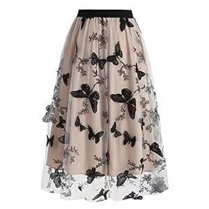 FYMNSI Röcke FYMNSI Damen Tüllrock Blumen Schmetterling Stickerei Rock Elegant Elastischer A-Linie Midiröcke Hohe Taille Lässiges Vintage Meshrock