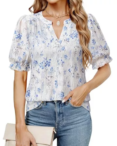 Cerrlop Kurzarmblusen Cerrlop Damen Bluse Lochstickerei Elegant V-Ausschnitt Top Locker Oberteil Kurzarm Tunik Casual Blusenshirt Casual Look