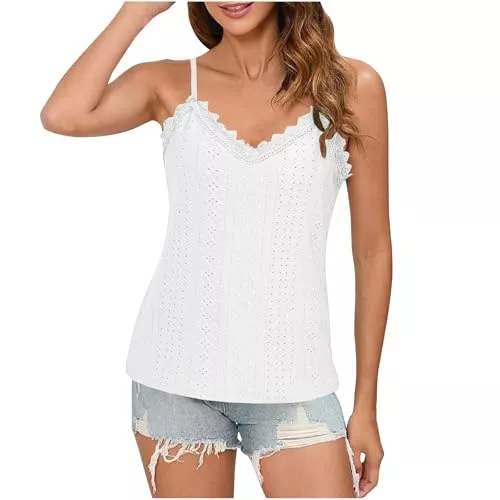 NZYIHAO Tops NZYIHAO Spitzen Top Damen V-Ausschnitt Tank Top Spaghetti Tops Sommer Oberteile Ärmellos Spitzentop Leichte Tanktops Spitze Bluse Casual Shirt Einfarbig Trägertop Locker Tshirt Longtops Spitzenbluse