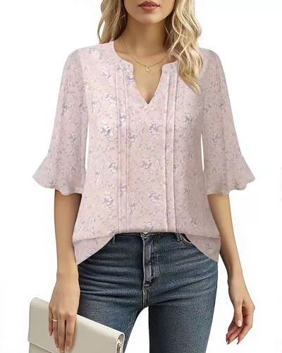 Bodhi talk Kurzarmblusen Bodhi talk Damen Bluse Elegant Blümchen Chiffon Shirts Sommer Arbeit Oberteile Business Casual Büro Party Tunika Hemd