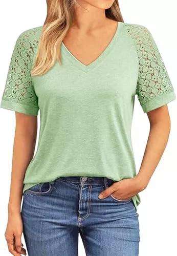 NAIOSS Kurzarmblusen NAIOSS Damen Bluse Elegant Langarmshirt V-Ausschnitt Shirts Spitzenärmel Oberteile Herbst Tshirt Casual Blusen Tunika Tops