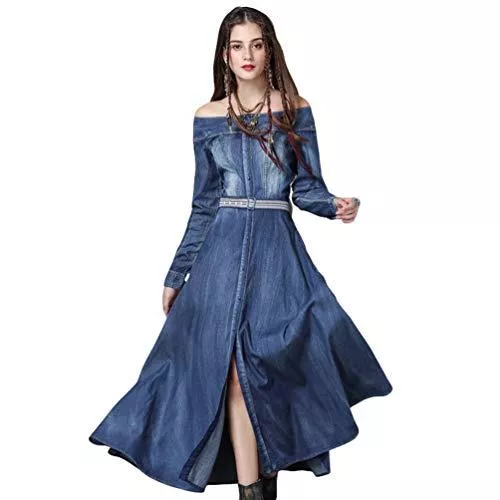 YuanDiann Freizeit YuanDian Damen Lange Jeanskleid Off Shoulder Einreiher Retro Maxi Denim Kleider Langarm Kalte Schulter Button-down Casual Groß Swing Kleider Mit Stickerei Gürtel