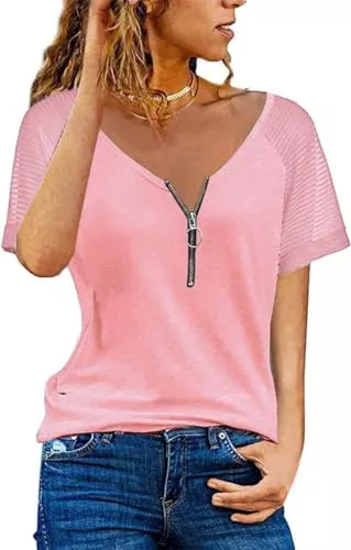 Teesho Kurzarmblusen Teesho Tshirt Damen V Ausschnitt Casual Oberteile Elegant Streifen Mesh Bluse Baumwolle Shirt Tops Tunika