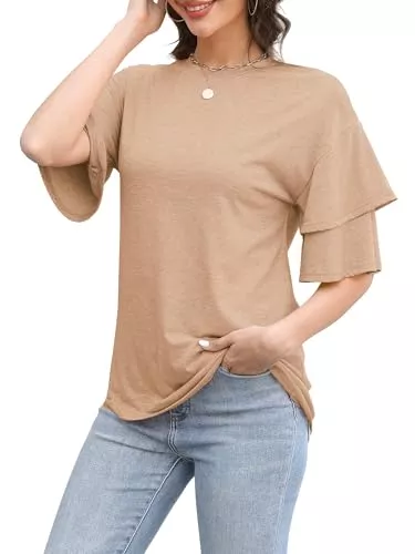 Rvinroo Kurzarmblusen Rvinroo Tshirt Damen Sommer 2025 Blusen Tuniken Elegante Oberteile Business Outfits Lässige Tops 3/4 Ärmel Halbarm Basic Shirts Tee