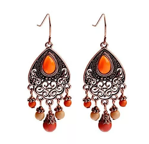 Nobranded Schmuck Nobranded Retro Gypsy Dangle Ohrringe Für Frauen Boho Ethnische Orange Steinperle Quaste Wassertropfen Ohrringe Schmuck