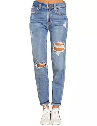Roskiky Jeans Roskiky Boyfriend Jeans Stretch Jeanshose Jeans Damen High Waist Ripped Jeans Distressed Mom Jeans Slim Denim Pants