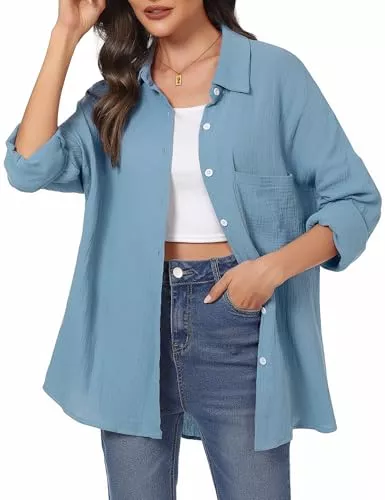 Aottori Hemdblusen Aottori Musselin Bluse Damen Elegant 100% Baumwolle Oversize Longbluse Langarm Modern Oberteile Hemd Lose Langarmshirt Blusenshirt Hemdbluse Tuniken Tops