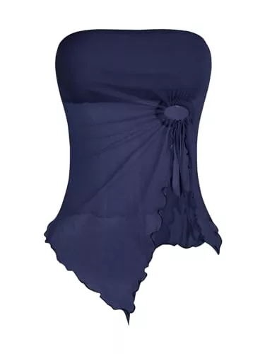 GORGLITTER Tops GORGLITTER Mesh Crop Top Tube Top Damen Trägerloses Top Y2k Oberteil mit Wellensaum Schulterfrei Sommer Tops mit Schlitz