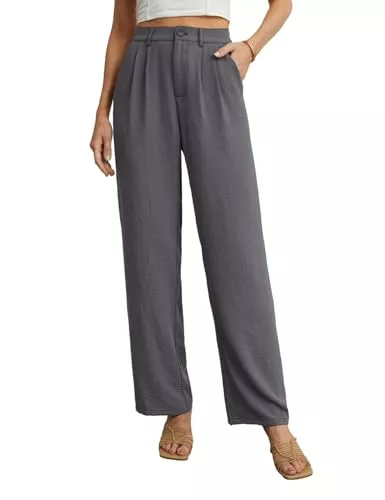PrinStory Hosen PrinStory Damen Hosen Mit Weitem Bein Leichte Sommerhose Mit Taschen Lässige Büro Business Hosen