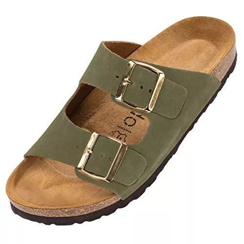 Palado Hausschuhe Palado® Damen Sandale Korfu | Made in EU | Pantoletten in modischen Farben | 2-Riemen Sandaletten mit Natur Kork-Fussbett | Herren Hausschuhe mit Leder-Laufsohle