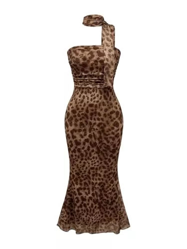 SweatyRocks Freizeit SweatyRocks Damen Tube Kleid Ärmellos Leopardenmuster Langes Kleid Trägerlos Maxikleid Bleistiftkleid Bodycon Partykleid mit Fishtail