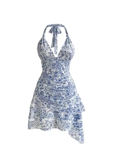 SweatyRocks Freizeit SweatyRocks Damen Kleid Boho Neckholder Kleider Blümchenmuster Asymmetrisch Sommerkleider V Ausschnitt Blumenkleider Rückenfreies Trägerkleid Ärmelloses Minikleid