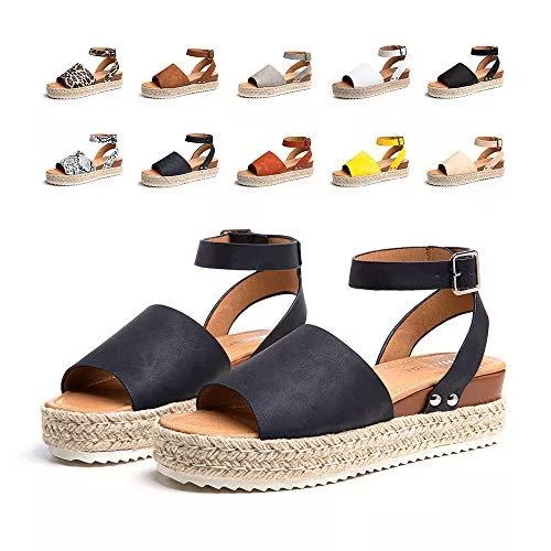 Hitmars Sandalen & Slides Sandalen Damen Plateau Keilsandalen Espadrille Frauen Sandaletten Keilabsatz Sommerschuhe Flatform Slingback Schwarz Braun Weiß Leopard Blau Gelb Größe 35-43 EU