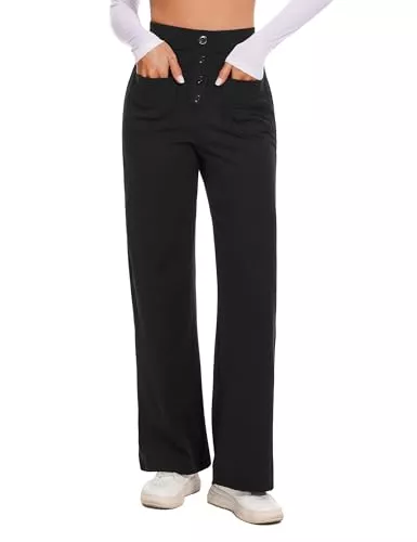 Desol Hosen Desol Stoffhose Damen Weites Bein, Hoher Taille Business Hose Damen, Knopfleiste, Dehnbare Palazzo Hose mit Mehreren Taschen