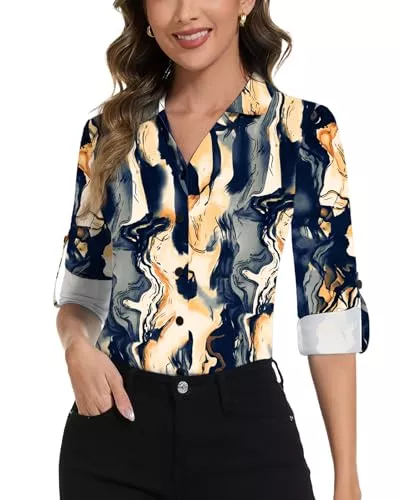 Soneven Langarmblusen Soneven Damen Blusen Elegant 3/4 Arm Shirt Longbluse Kragen Poloshirt Langarm Krempelärmel Slim Fit Lässig Oberteile Office Outfit Anti-Falten Dehnbar