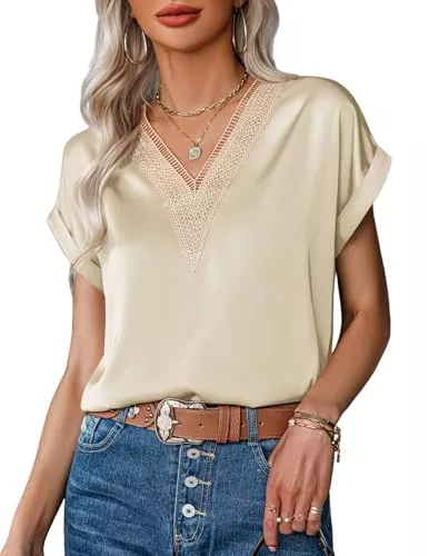Zeagoo Kurzarmblusen Zeagoo Bluse Damen Spitze V-Ausschnitt Satin Shirt Kurzarm Blusen Tunika Sommer Oberteile Elegant Locker T-Shirt