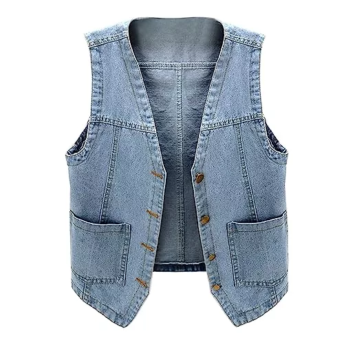 DondPO Westen Jeans Weste Damen Klassisch Beiläufige Revers Denim Vest Jeansjacke Ärmellos Knopf Oversized Denim Jacket Denim Weste Jeansweste Taschen Casual Vest Jeansjackenweste