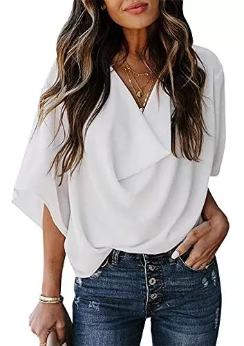 Jurebecia Kurzarmblusen Jurebecia Damen Bluse Hemdbluse Baumwolle Hemd Rüschen-V-Ausschnitt Casual Oberteile Hemd Blusen Tops Chiffonhemd Lose Casual Oberteile Hemd