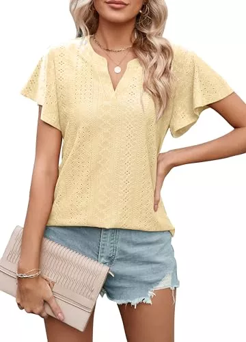 Heersan Kurzarmblusen Heersan Tshirt Damen Kurzarm Bluse V Ausschnitt Musselin Casual Sommer Einfarbig Oberteile mit Rüschenärmeln Lässig Tunika für Damen