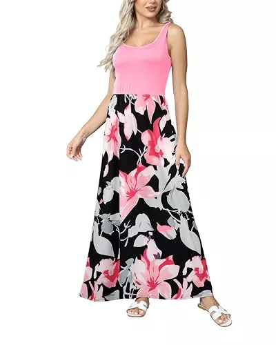 Utitrane Freizeit Utitrane Damen Strandkleid Ärmellos Elegant Boho Blumenkleid Casual Maxikleid Rundhals Strand Tank Top Kleider