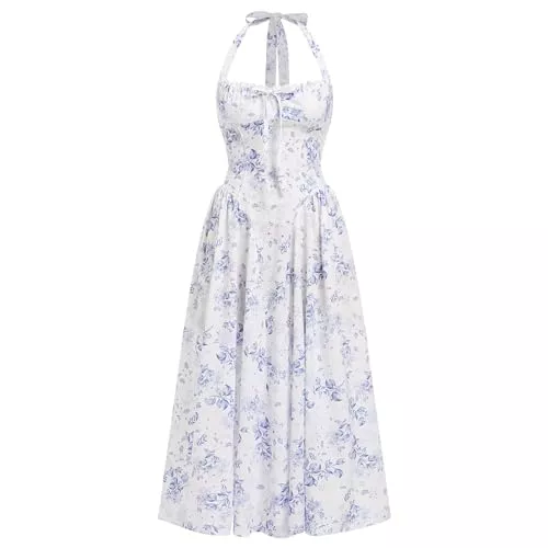 Odizli Freizeit Odizli Sommerkleid Damen Lang Elegant Sommer Neckholder Spitzen Blumen Korsett A-Linie Midikleid