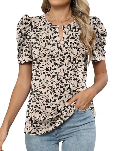 iWoo Kurzarmblusen iWoo Bluse Damen V-Ausschnitt Elegant Tunika Kurzarm T-Shirt Casual Sommer Falten Oberteile Puffärmel Shirts Tops