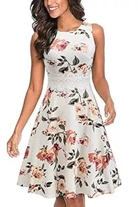 HOMEYEE Cocktail HOMEYEE Damen Vintage Rundhalsausschnitt Blumen Bestickt Knielang Elegant Cocktailkleid UKA079