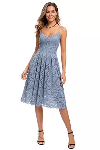 Atnlewhi Cocktail Atnlewhi Damen Vintage ärmellosen V-Ausschnitt A-Linie Kleid Blumen Knielang Spitzenkleid Brautjungfer Elegante Cocktailkleider