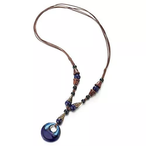 COOLSTEELANDBEYOND Schmuck COOLSTEELANDBEYOND Boho Ethnischen Lange Statement Halskette Anhänger Holz Perlen Schwarz Blau Edelsteine Kette mit Baumelnde Ovalen Charme