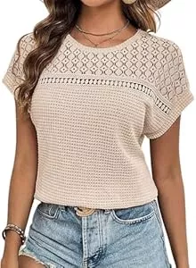 Dokotoo Langarmshirts Dokotoo Damen Bluse Sommer Spitzen Kurzarm Blusenshirt Elegant Rundhals Flügelärmel Tshirt Einfarbig Lose Oberteile Shirts Tunika S-2XL