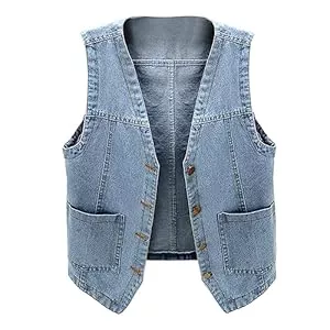 Generisch Westen Jeans Weste für Damen, Ärmellos Casual Taschen Jeansjackenweste Damenwesten Revers Klassisch Freizeit Denim Weste Vest Jeansweste XXL Knopf Denim Vest Jeansjacke