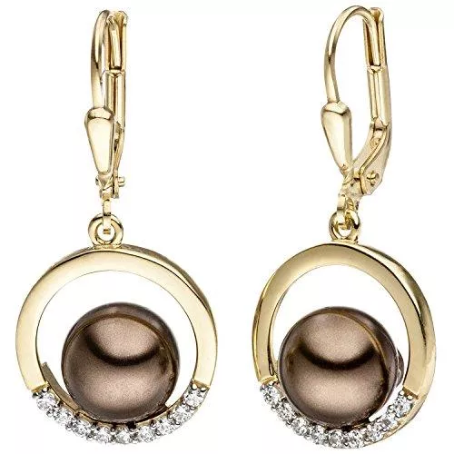 Jobo Schmuck JOBO Damen-Ohrhänger aus 333 Gold mit braunen synthetischen Perlen und Zirkonia