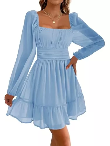 Imily Bela Party Imily Bela Damen Kleider Square Neck Partykleid Mesh Minikleid High Waist Falten Langarmkleid Hochzeitsgast mit Rüschen