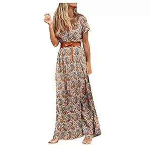 Ansenesna Freizeit Ansenesna Kleid Blumen Boho Damen Vintage mit Schlitz Elegant Sommerkleid mit Gürtel Frauen Lang V Ausschnitt Maxi Kleider