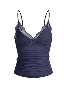 GORGLITTER Tops GORGLITTER Damen Y2k Camisole Spaghettiträger Tops Crop Top V-Ausschnitt Oberteil mit Kontrast Spitze