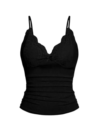 GORGLITTER Tops GORGLITTER Spaghettiträger Top Damen Elegant Camisole mit Spitzen Crop Tops Trägertop Untertop Spitzentop Croptop